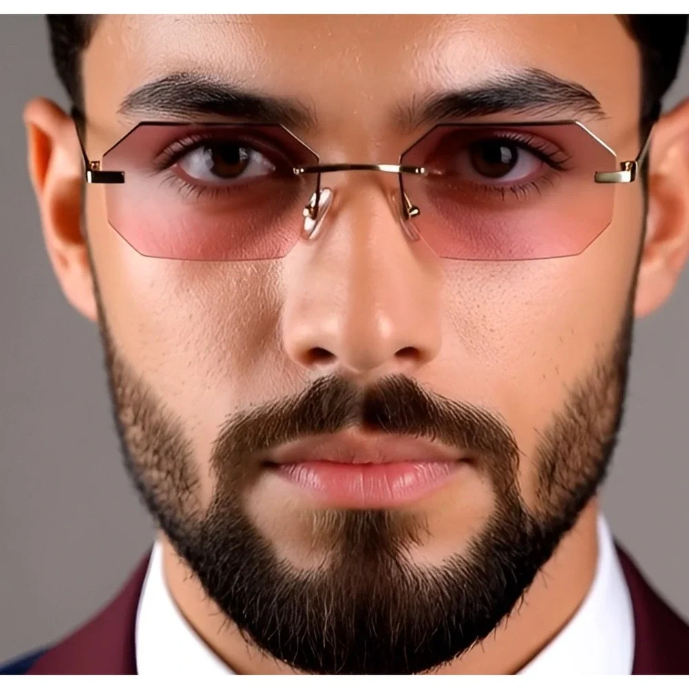 Rimless Sunglasses Octagon‎ Pink Lens Gold Frame Fashion Eyewear Street Wear New